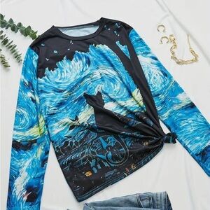 Starry Night Cat Long Sleeve Tee - Blue & Black